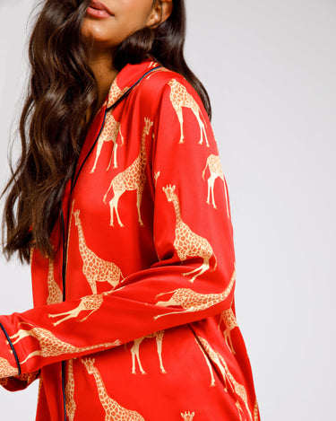 Satin Red Giraffe Long Pyjama Set